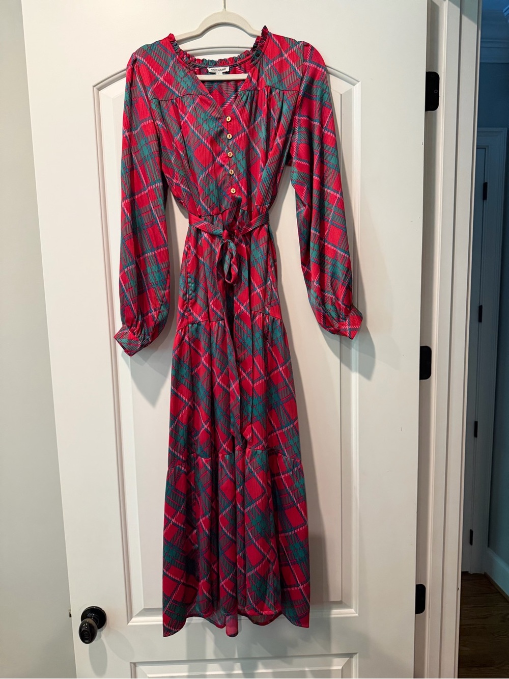 Mary Square Plaid Red and Green Long Sleeve Maxi Dress with Tie Waist